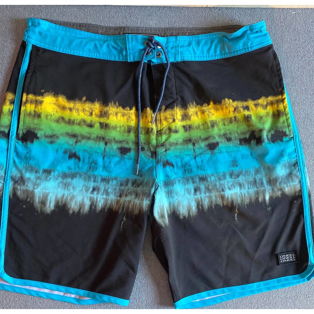 O'Neill Cruzers Mens swim short size 34 black turquoise yellow pockets swimtrunk